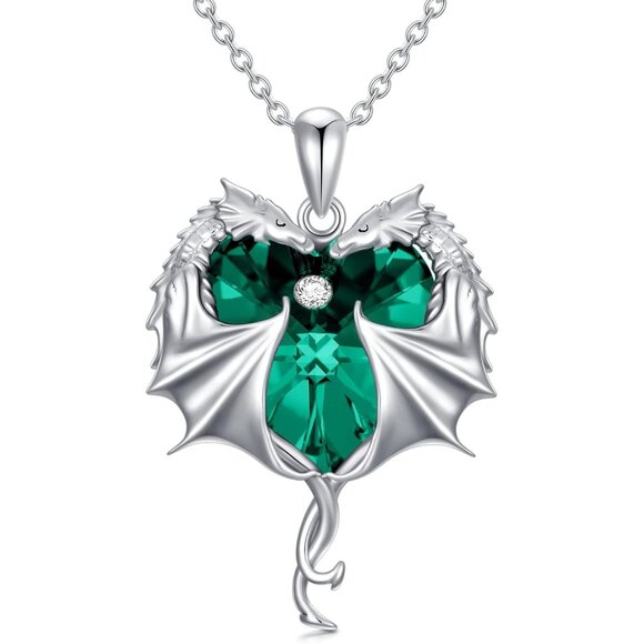 925 Sterling Silver Green Heart Dragon Necklace for Women Girls with Austrian Cr - Picture 1 of 7
